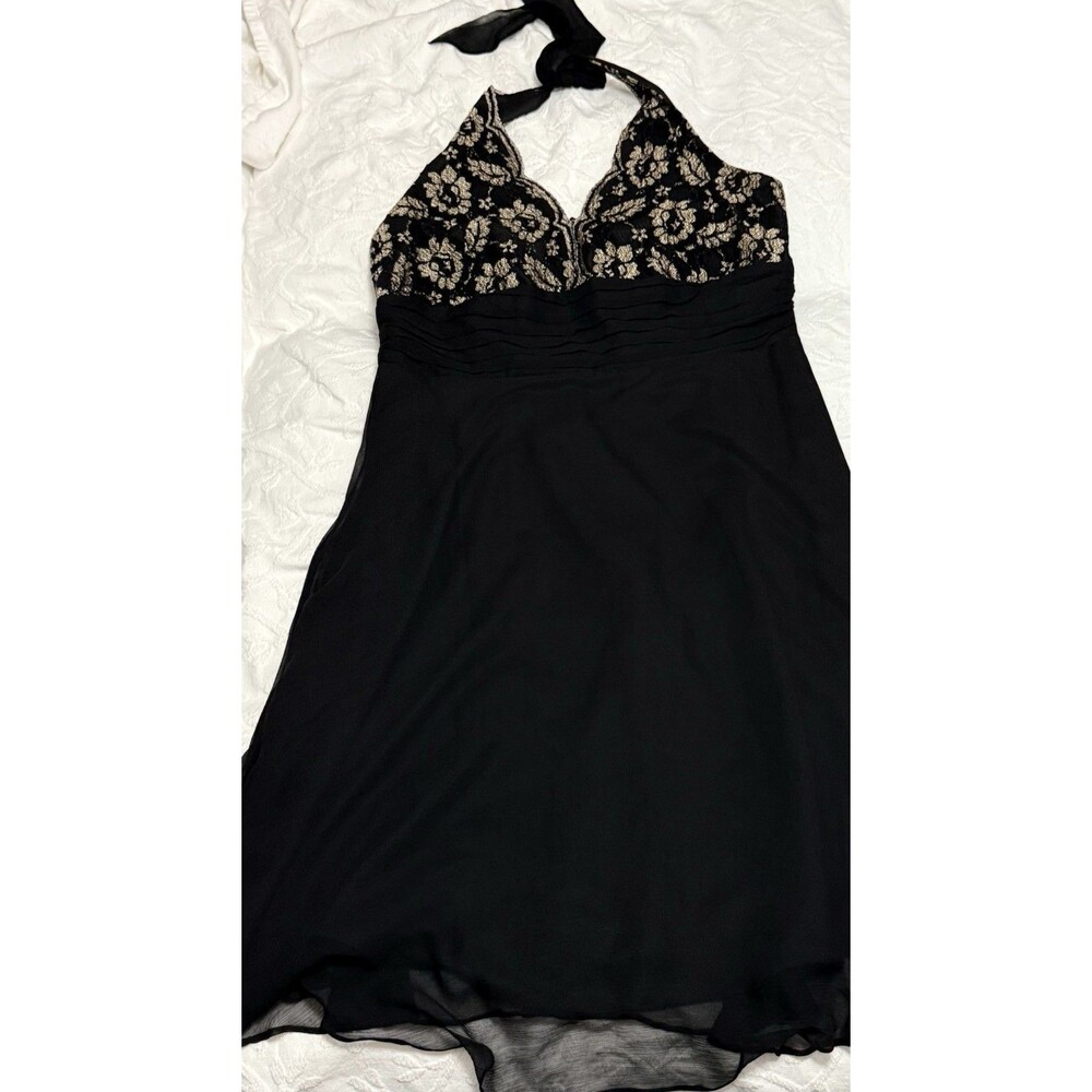 VTG Robbie Bee Silk Lace Halter Black & Gold Gothic Old Hollywood Prom EUC